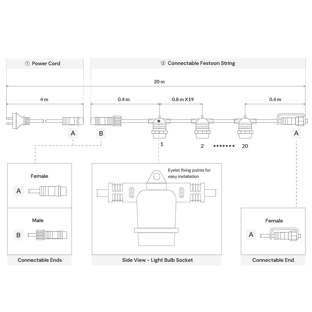 20m White Outdoor Festoon String Lights - LiquidLEDs™ - Festoon String
