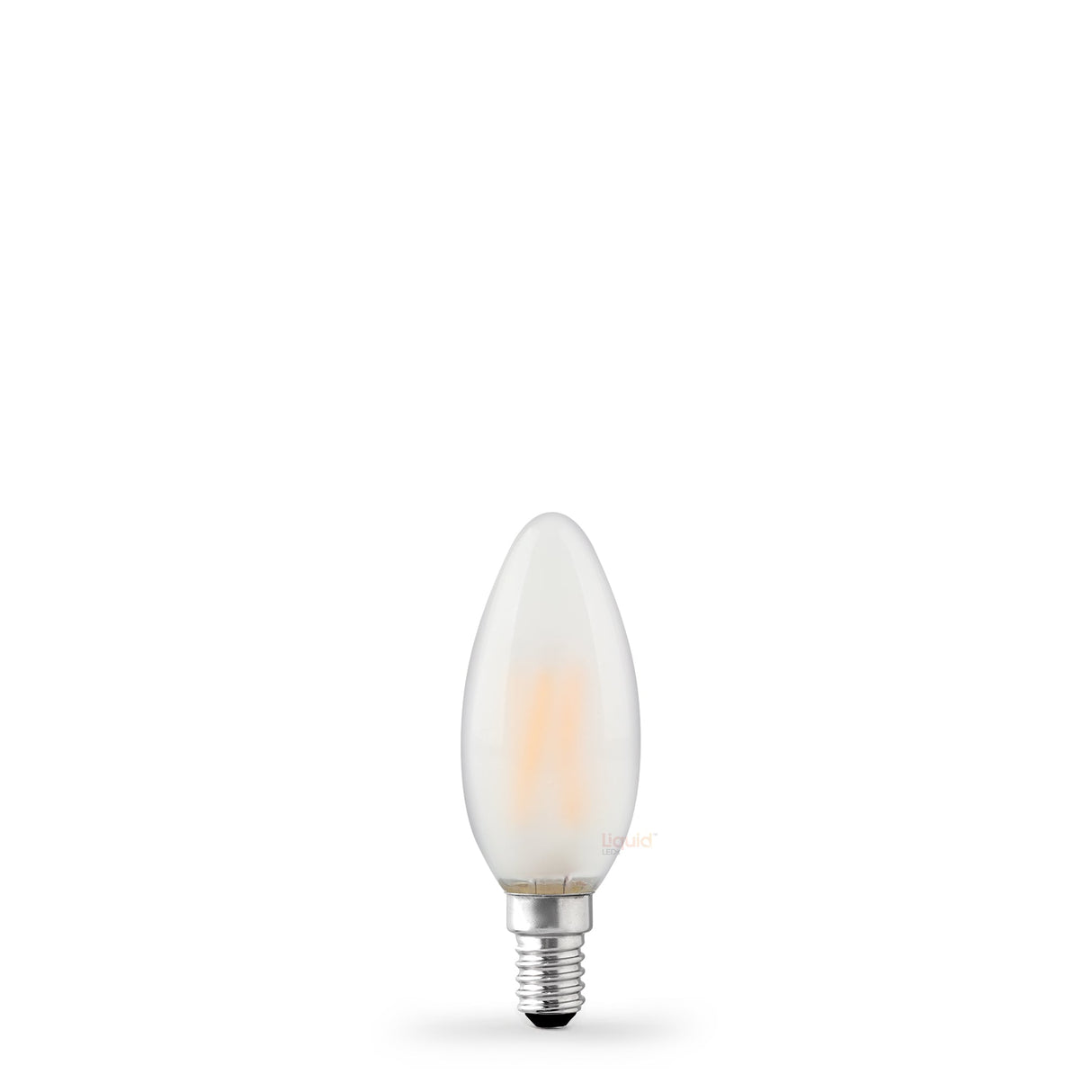The Liquid LEDs 4W 24 Volt DC Candle LED Bulb E14 Frost in Warm White features a frosted candle shape, dimmable function, and silver screw base, shown on a white background.