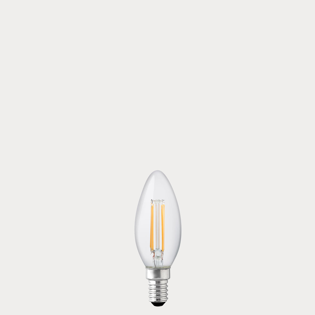 Dulora 4.2W Candle LED Bulb E14 Clear in Warm White unlit with visible filaments