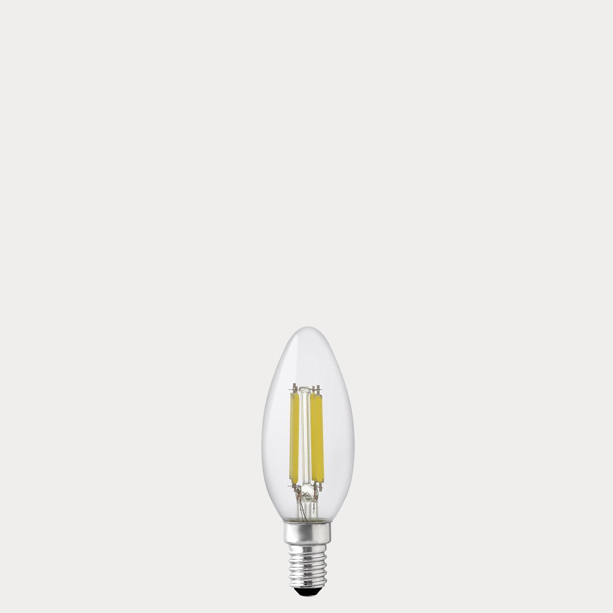 Dulora 5.5W Candle LED Bulb E14 Clear in Natural White unlit with visible filaments