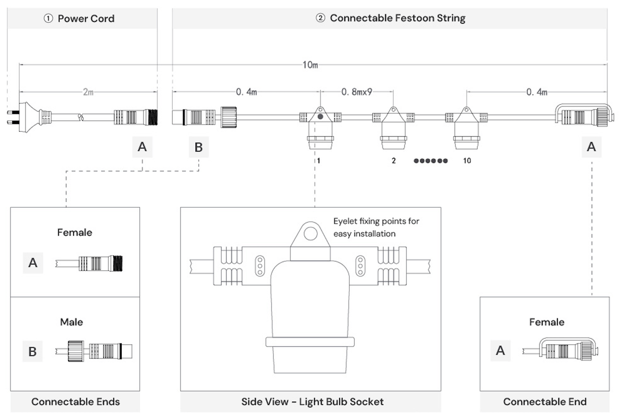 Black Outdoor Festoon String Lights - LiquidLEDs™ - Festoon String