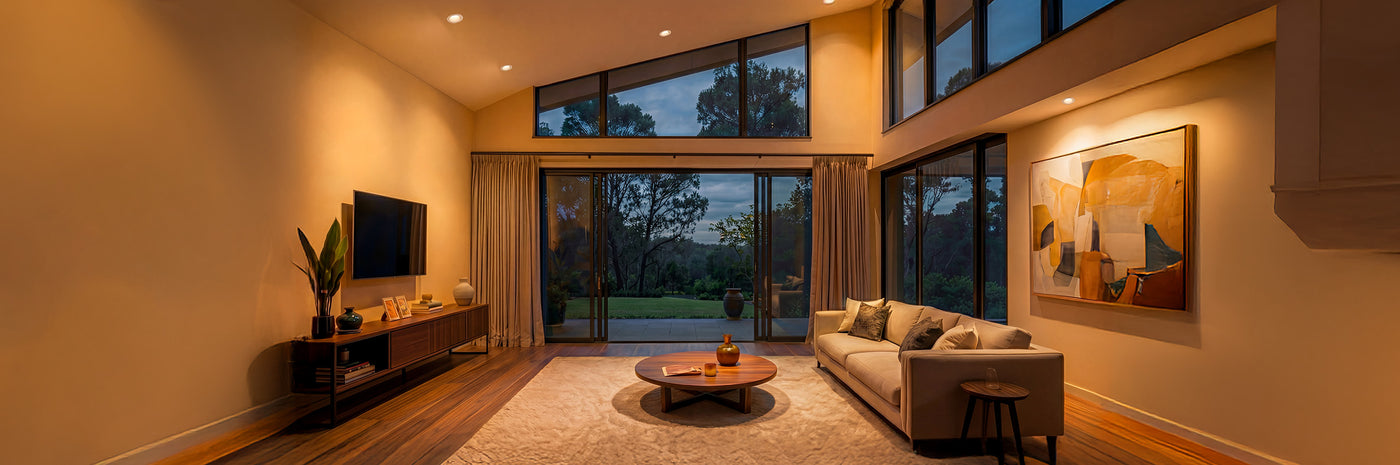 Modern living room with cozy dim to warm  GU10 LED light bulbs