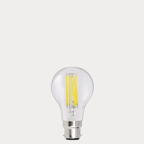 Dulora 11W GLS LED Bulb B22 Clear in Soft White unlit with visible filaments