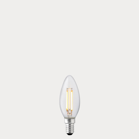 Dulora 4.2W Candle LED Bulb E14 Clear in Warm White filaments glowing