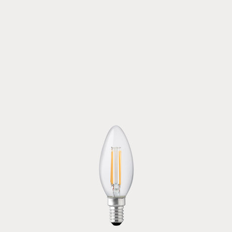 Dulora 4.2W Candle LED Bulb E14 Clear in Warm White unlit with visible filaments