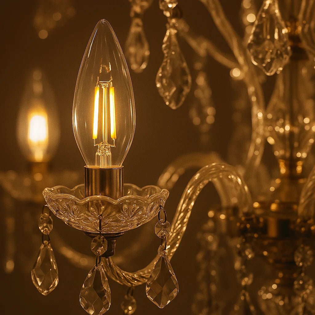 Dulora 4.2W Candle LED Bulb E14 Clear in Warm White glowing in a crystal chandelier