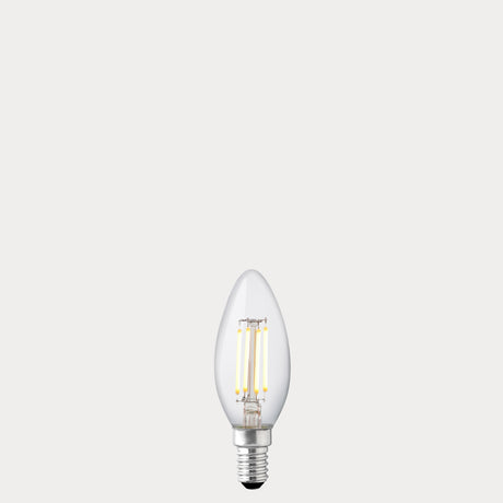 Dulora 4W 12-24 Volt AC/DC Candle LED Bulb E14 Clear in Warm White illuminated with warm glow through clear candle glass