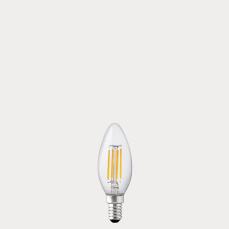 Dulora 4W 12-24 Volt AC/DC Candle LED Bulb E14 Clear in Warm White with slender candle shape and exposed filaments