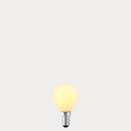 Dulora 4W 24 Volt DC Fancy Round LED Bulb E14 Opal in Warm White glowing softly through opal glass
