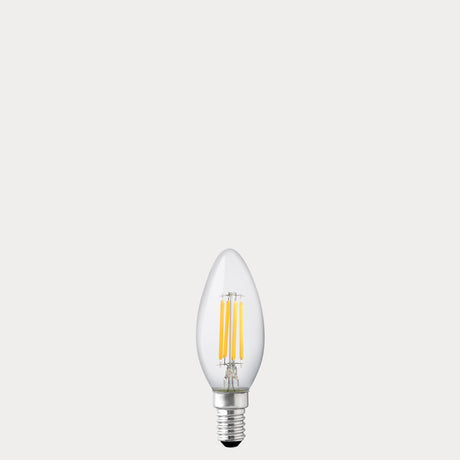 Dulora 4W Candle LED Bulb E12 Clear in Warm White unlit with visible filaments