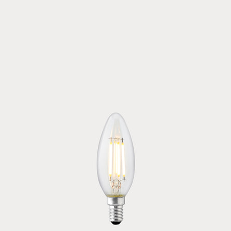 Dulora 4W Candle LED Bulb E14 Clear in Soft White filaments glowing soft white 3000K