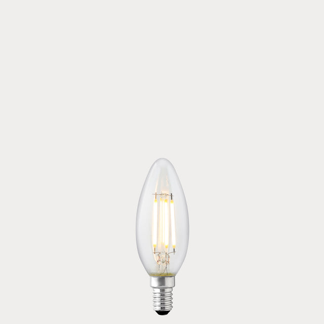Dulora 4W Candle LED Bulb E14 Clear in Soft White filaments glowing soft white 3000K