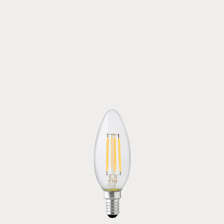 Dulora 4W Candle LED Bulb E14 Clear in Soft White unlit with visible filaments