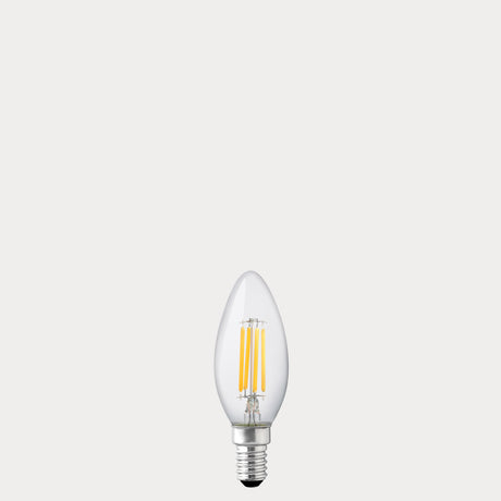 Dulora 4W Candle LED Bulb E14 Clear in Warm White unlit with visible filaments