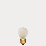 Dulora 4W Fancy Round LED Bulb E27 Frost in Extra Warm White unlit with gold base showing matte diffused glass