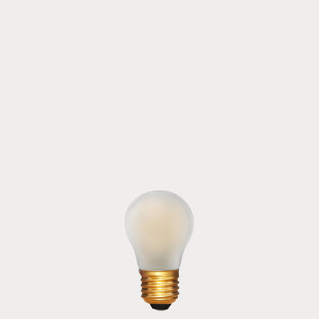 Dulora 4W Fancy Round LED Bulb E27 Frost in Extra Warm White unlit with gold base showing matte diffused glass