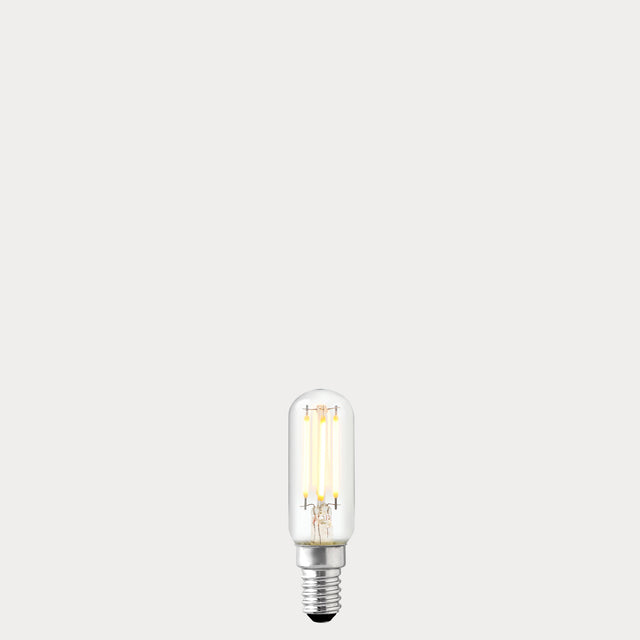 Dulora 4W Tubular LED Bulb E14 Clear in Warm White filaments glowing warm white 2700K