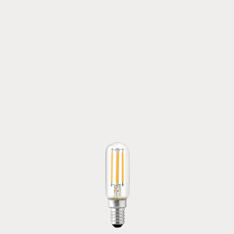 Dulora 4W Tubular LED Bulb E14 Clear in Warm White unlit with visible filaments