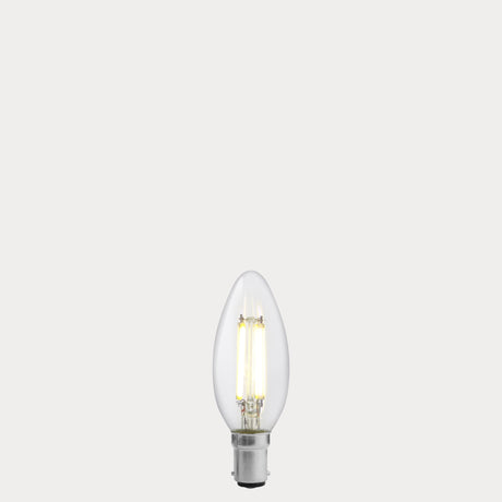 Dulora 5.5W Candle LED Bulb B15 Clear in Natural White filaments glowing