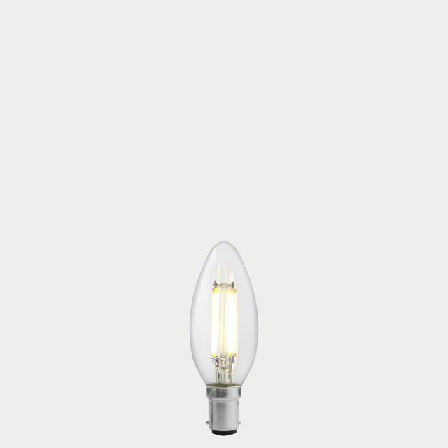 Dulora 5.5W Candle LED Bulb B15 Clear in Natural White filaments glowing