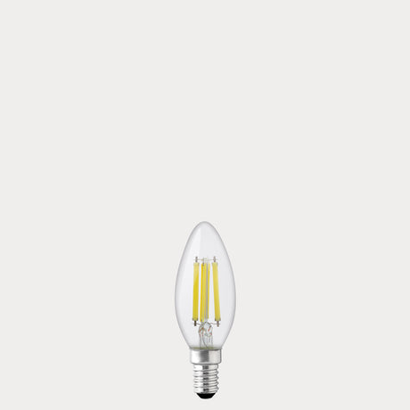 Dulora 5.5W Candle LED Bulb E12 Clear in Warm White unlit with visible filaments