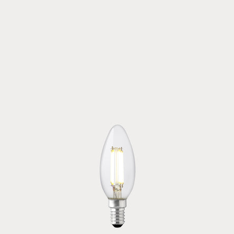 Dulora 5.5W Candle LED Bulb E14 Clear in Natural White filaments glowing