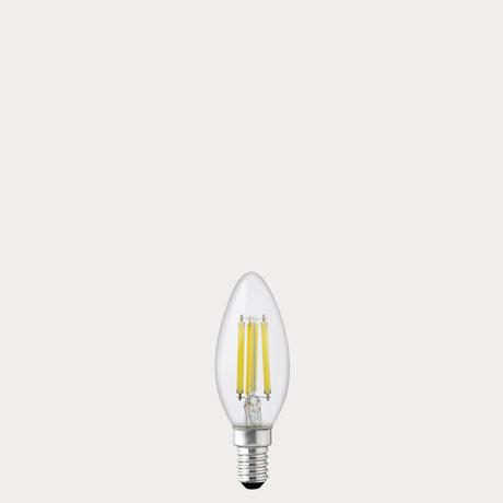 Dulora 5.5W Candle LED Bulb E14 Clear in Warm White unlit with visible filaments