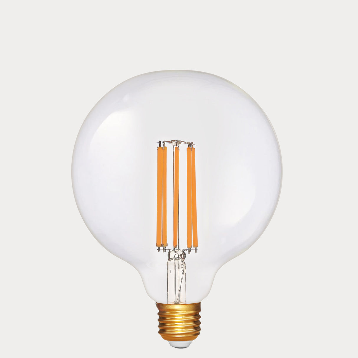 Dulora 7.2W G125 LED Globe E27 Clear in Extra Warm White large clear globe with visible filaments unlit gold base