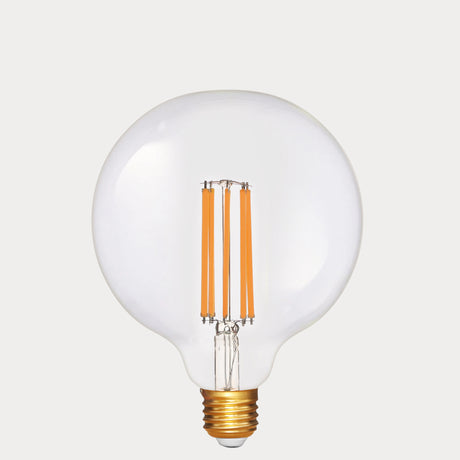 Dulora 7.2W G125 LED Globe E27 Clear in Extra Warm White large clear globe with visible filaments unlit gold base