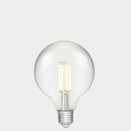 Dulora 7.2W G95 LED Globe E27 Clear in Warm White 2700K filaments glowing