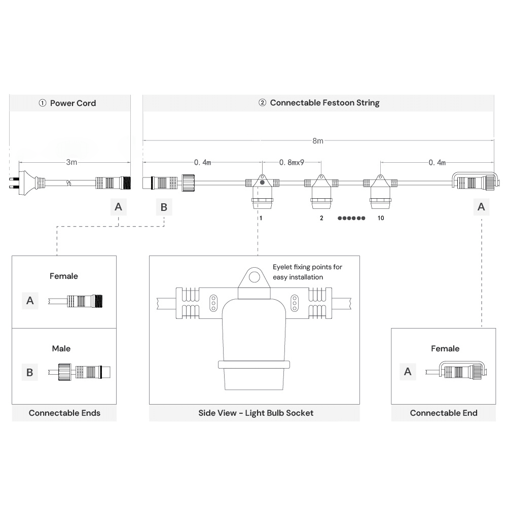 Pro 8m Outdoor Festoon Lights – IP65 Weatherproof & Connectable - LiquidLEDs™ - Festoon String