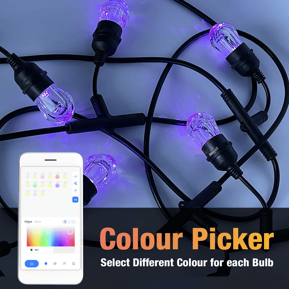 15m Smart Festoon String Lights with 15 LED Bulbs - LiquidLEDs™ - Festoon String